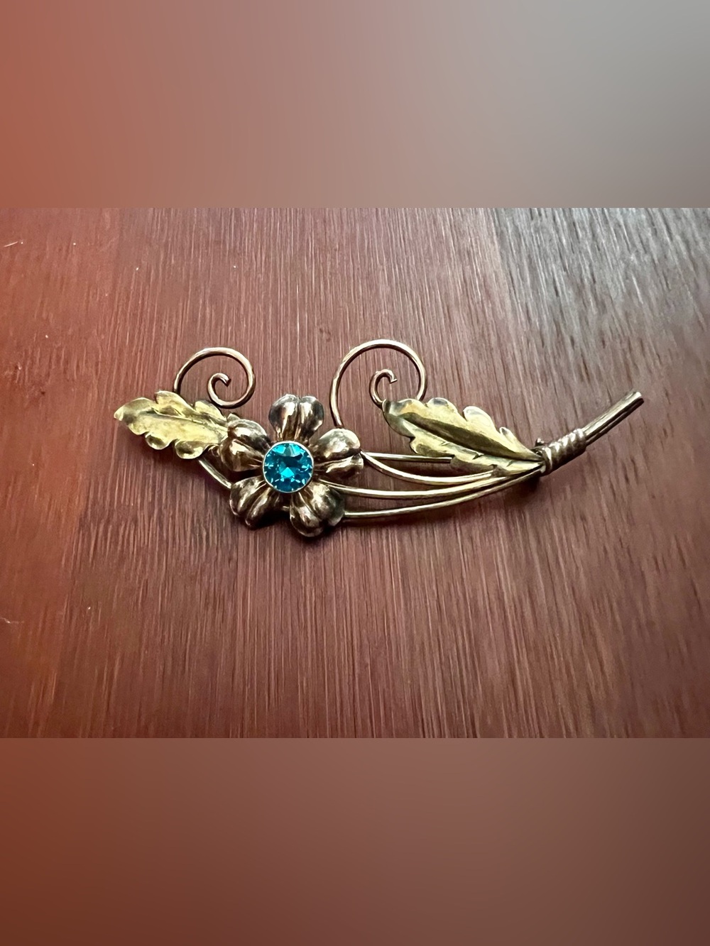 Vintage Van Dell 12k Gold Filled Sterling Silver Blue Rhinestone Floral Brooch